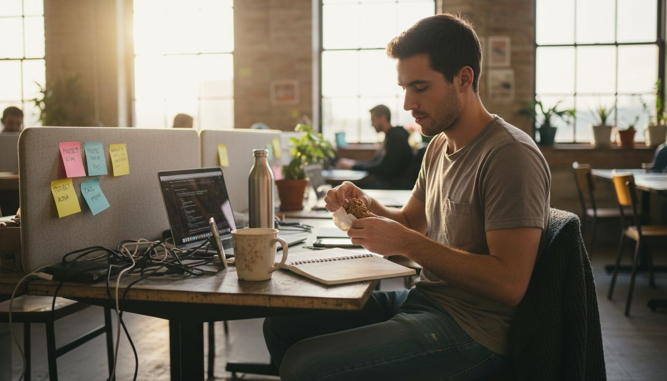 Young man eating snack at work desk