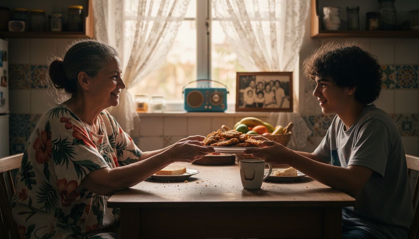 Family sharing Caribbean snacks at home table