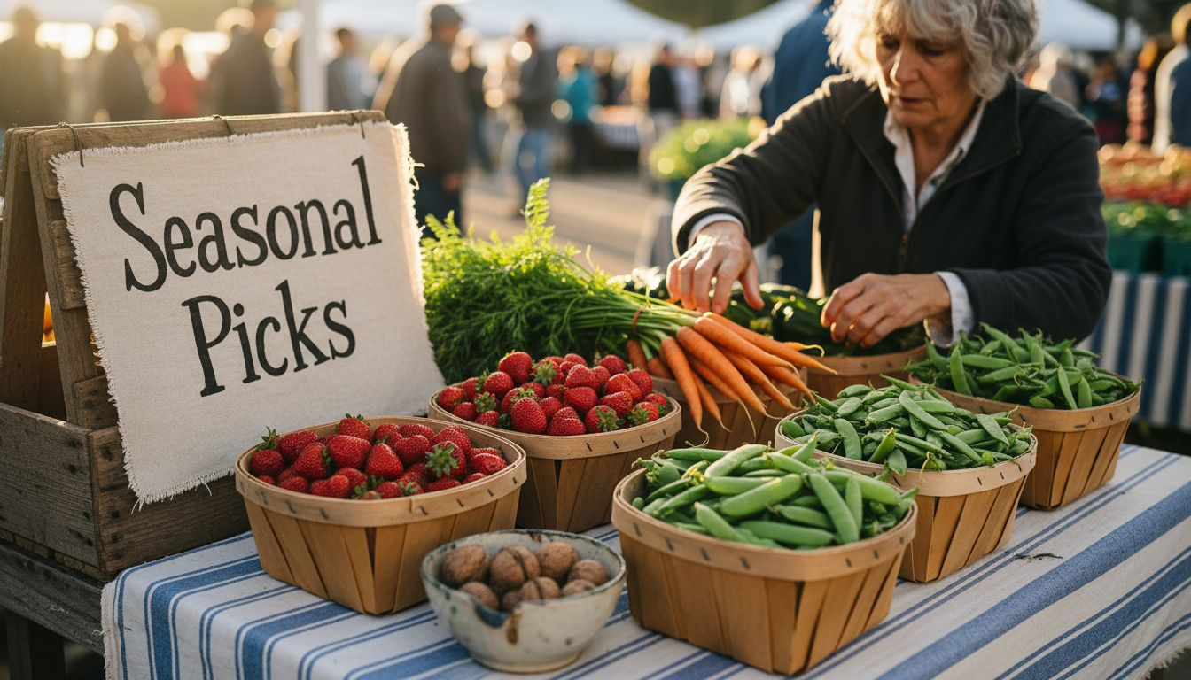 Vendor arranging seasonal fruits and vegetables