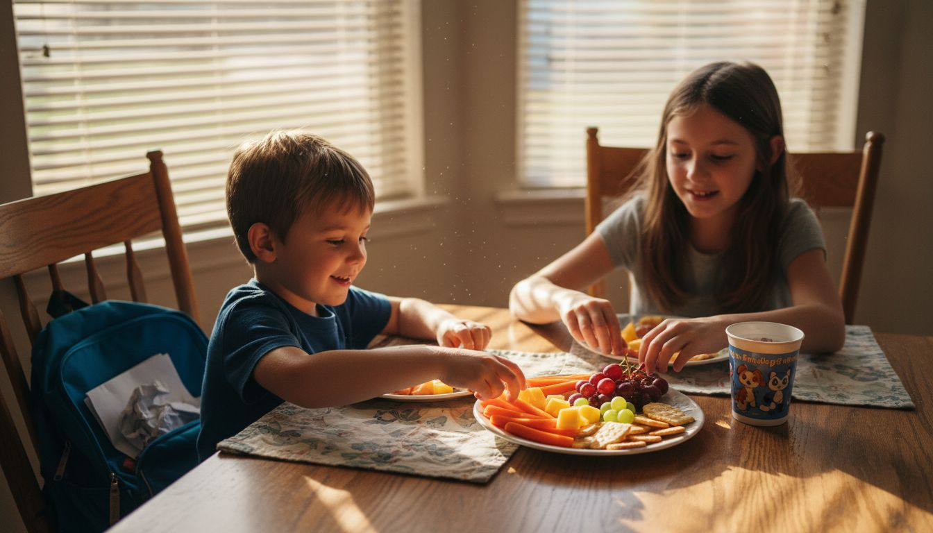 Kids assembling colorful healthy snack plates