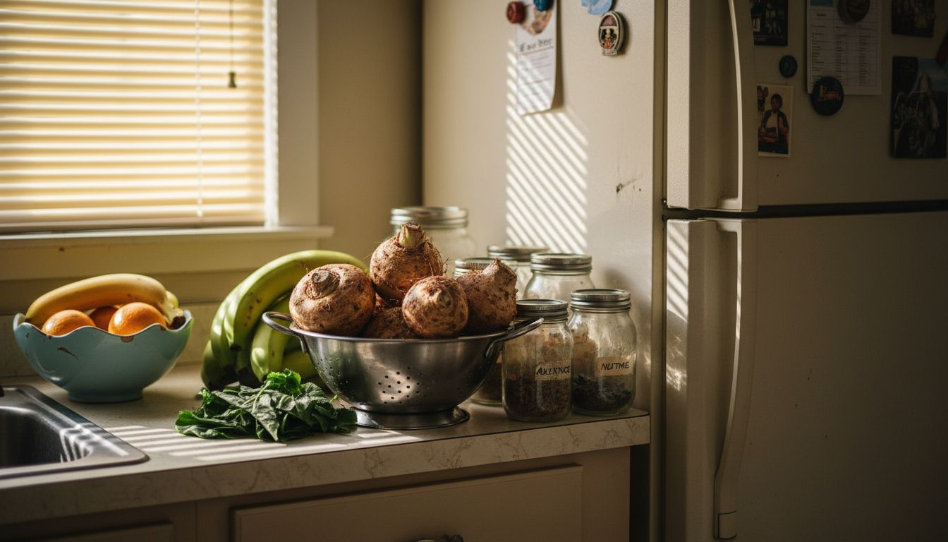 Caribbean food ingredients on home kitchen counter