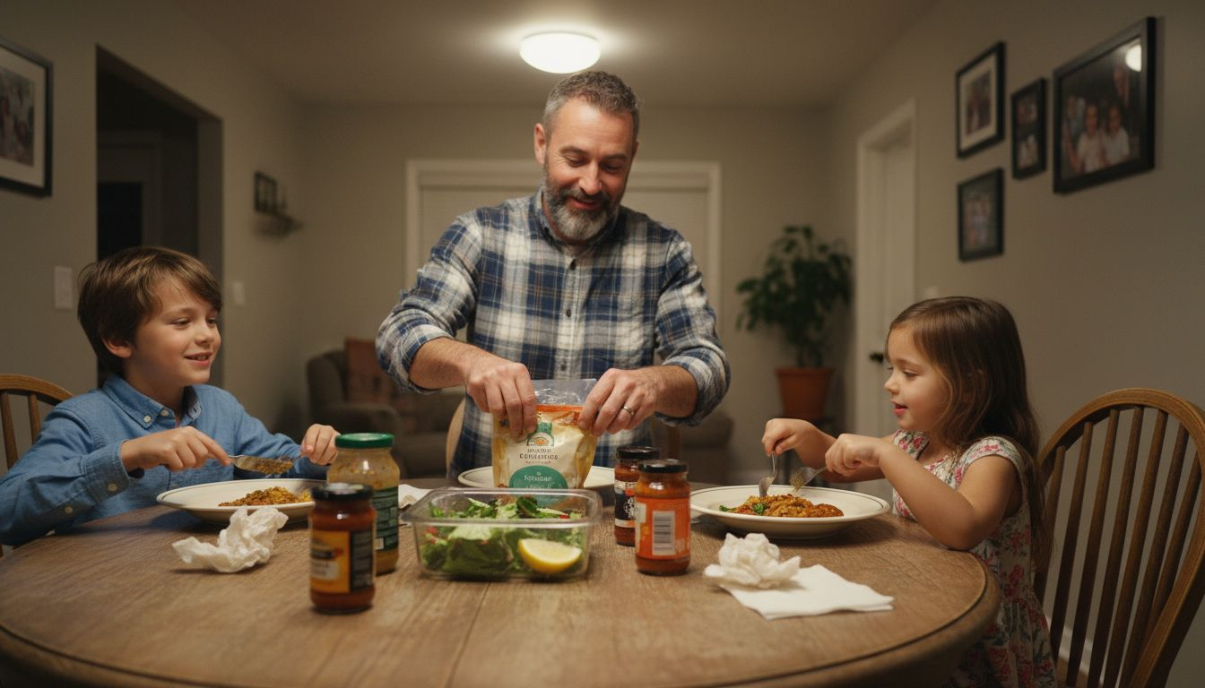 Family enjoying pre-packed Caribbean dinner