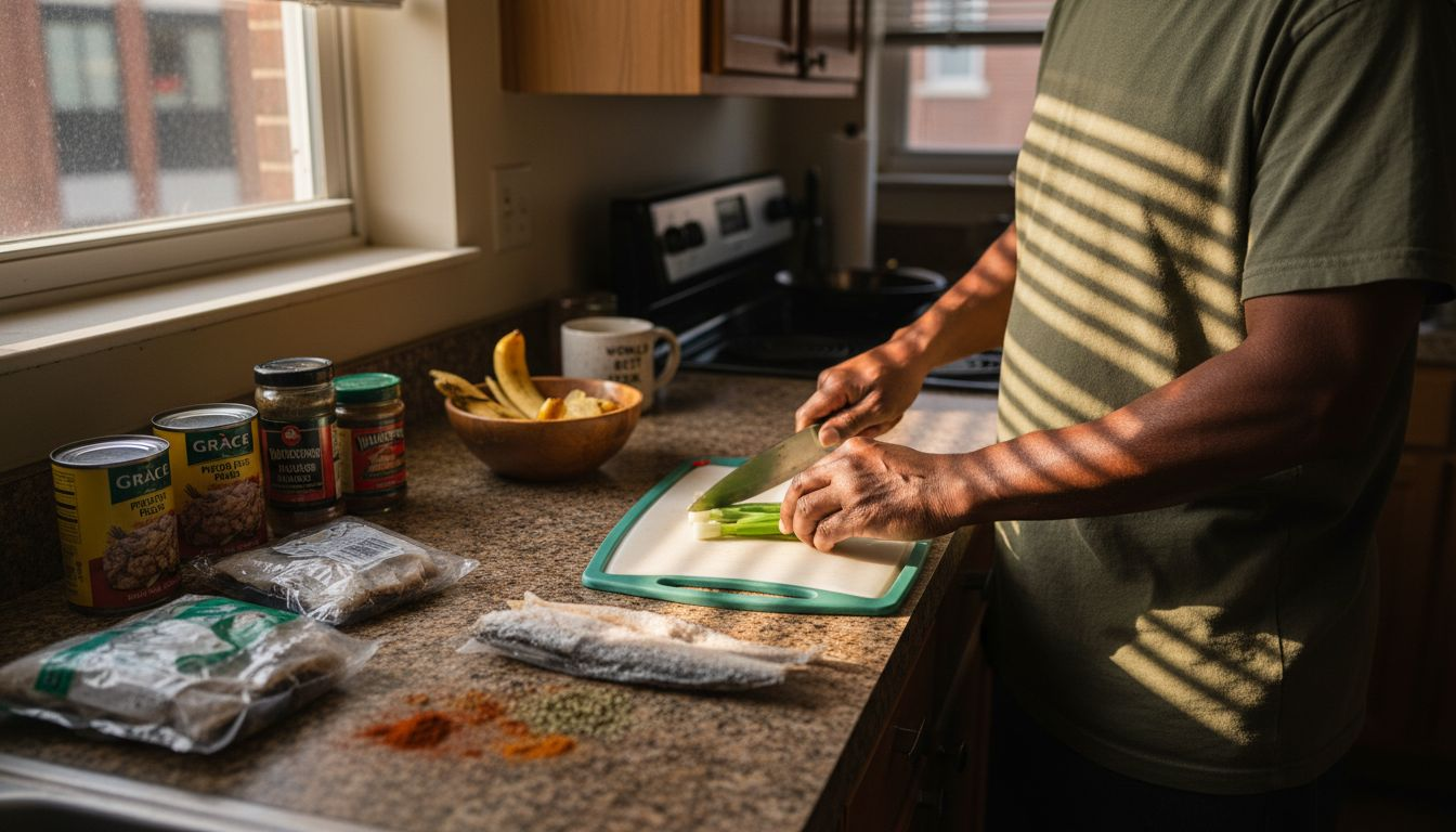 Caribbean ingredients spread on kitchen counter
