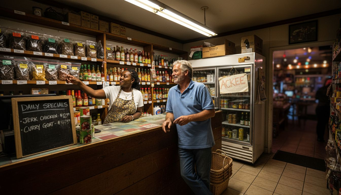 Shopper chats with staff in Caribbean market