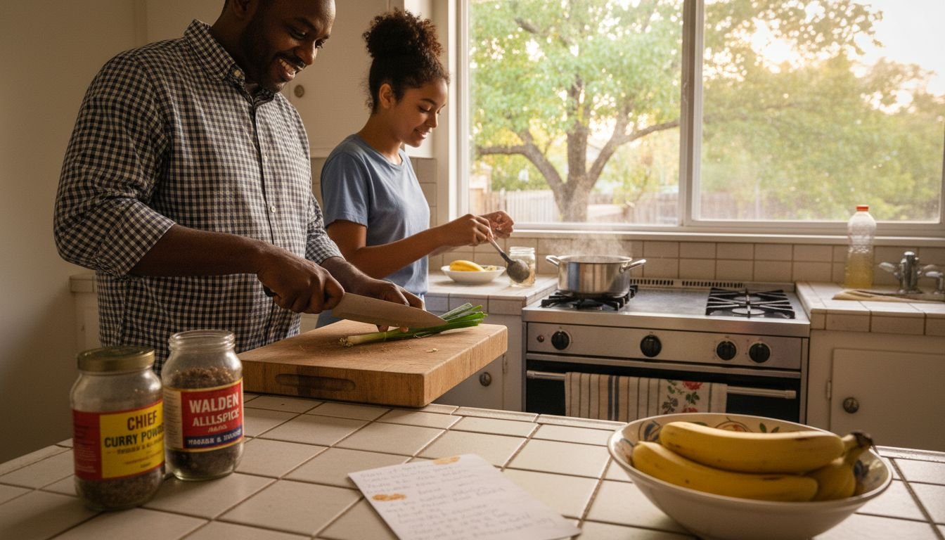Family preparing Caribbean meal in home kitchen