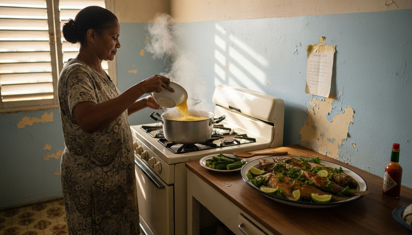 Cooking Cou Cou with flying fish in Barbados kitchen