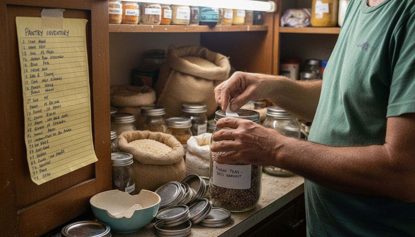 Man labeling jar in cluttered pantry