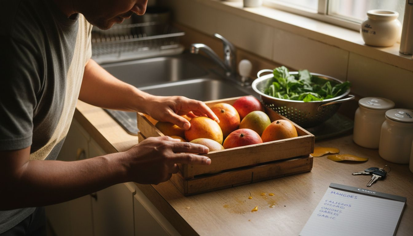 Cook checking mango ripeness in home kitchen