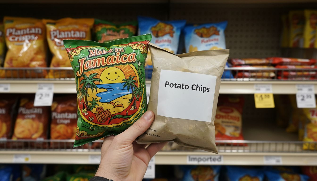 Hand holding Caribbean snacks with origin labels