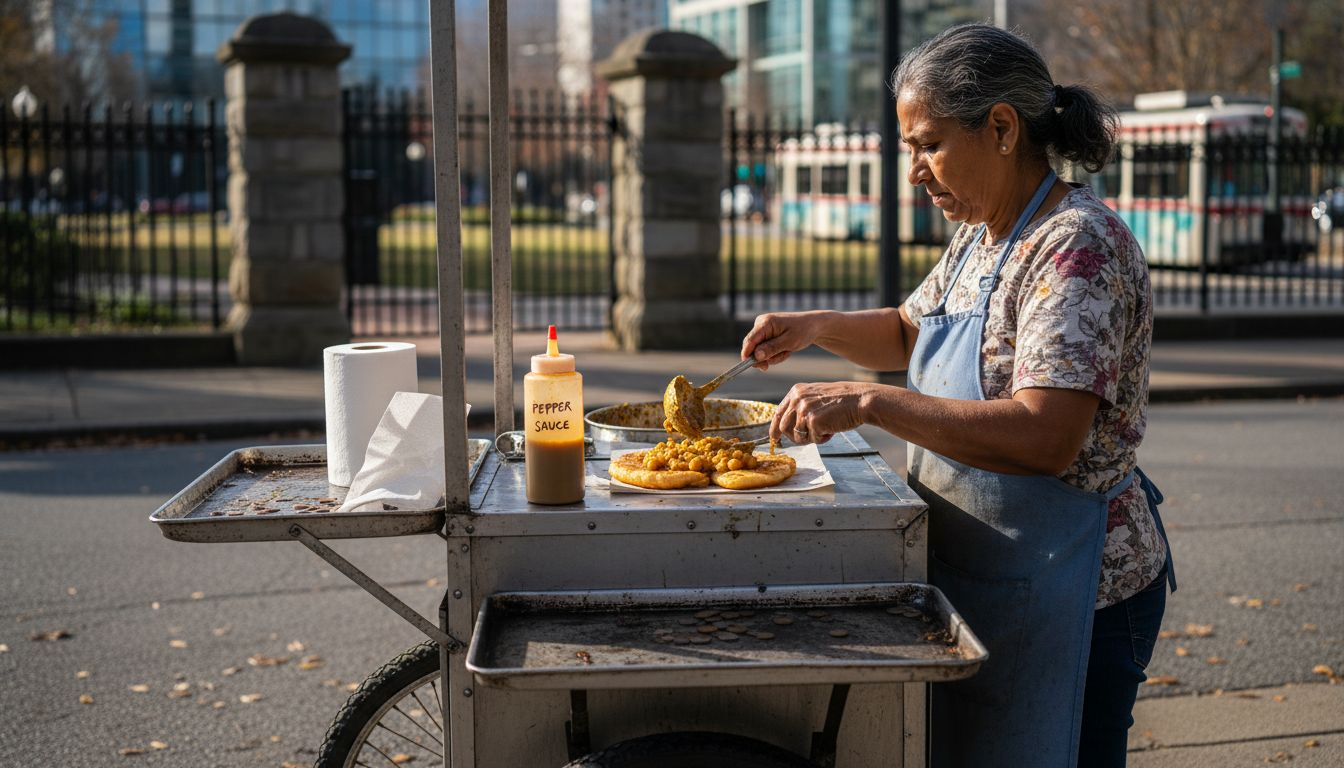 Vendor assembling Trinidadian doubles in park