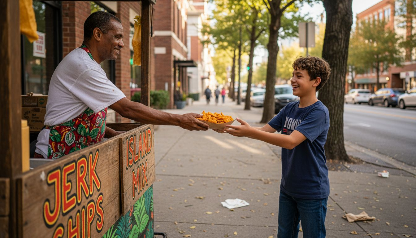 Caribbean snack vendor serving Atlanta customer