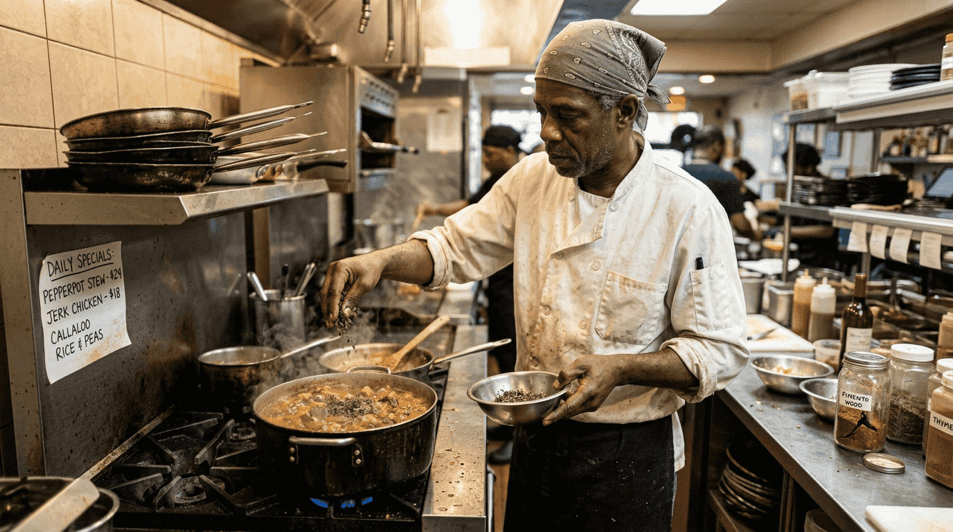 Caribbean chef prepping pepperpot stew