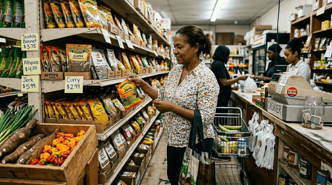 Shopper in Caribbean grocery browsing food aisle