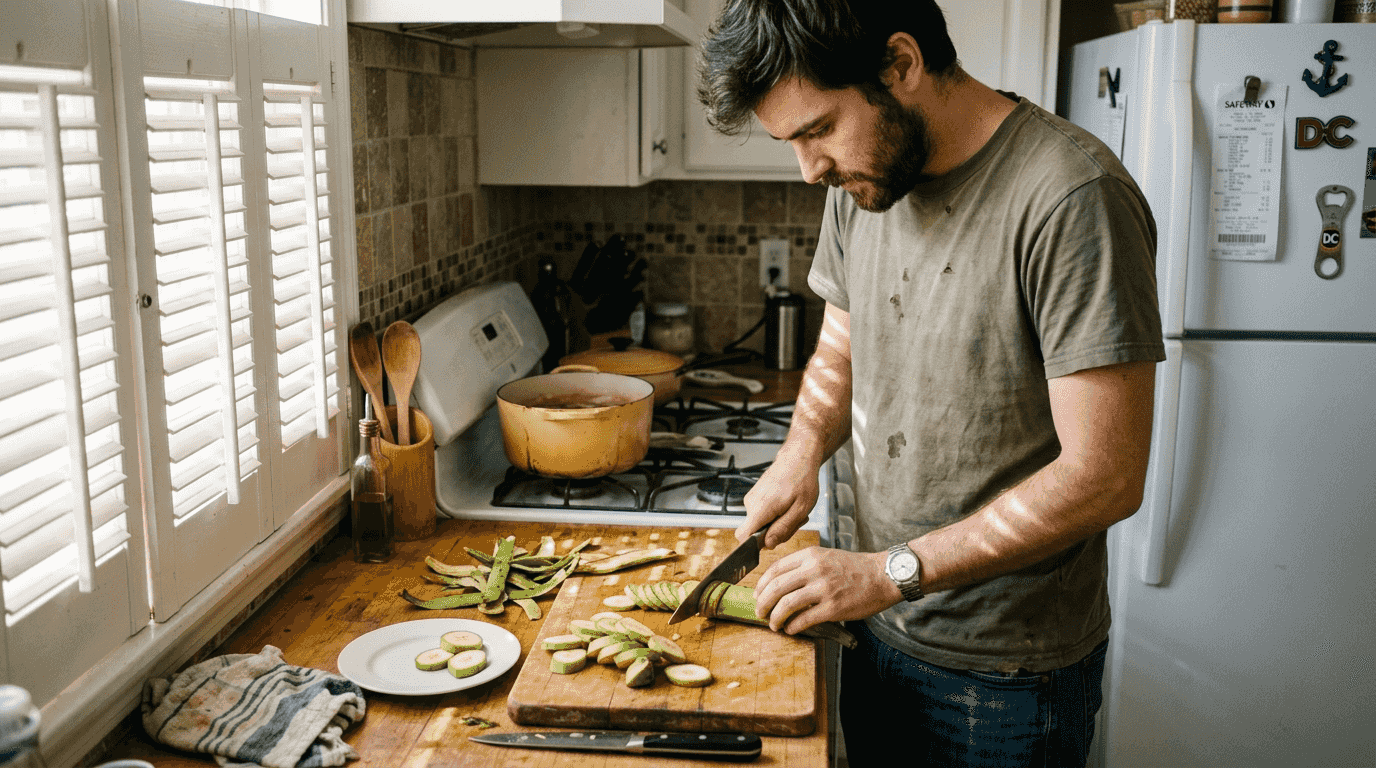 Man slicing plantains in Atlanta kitchen