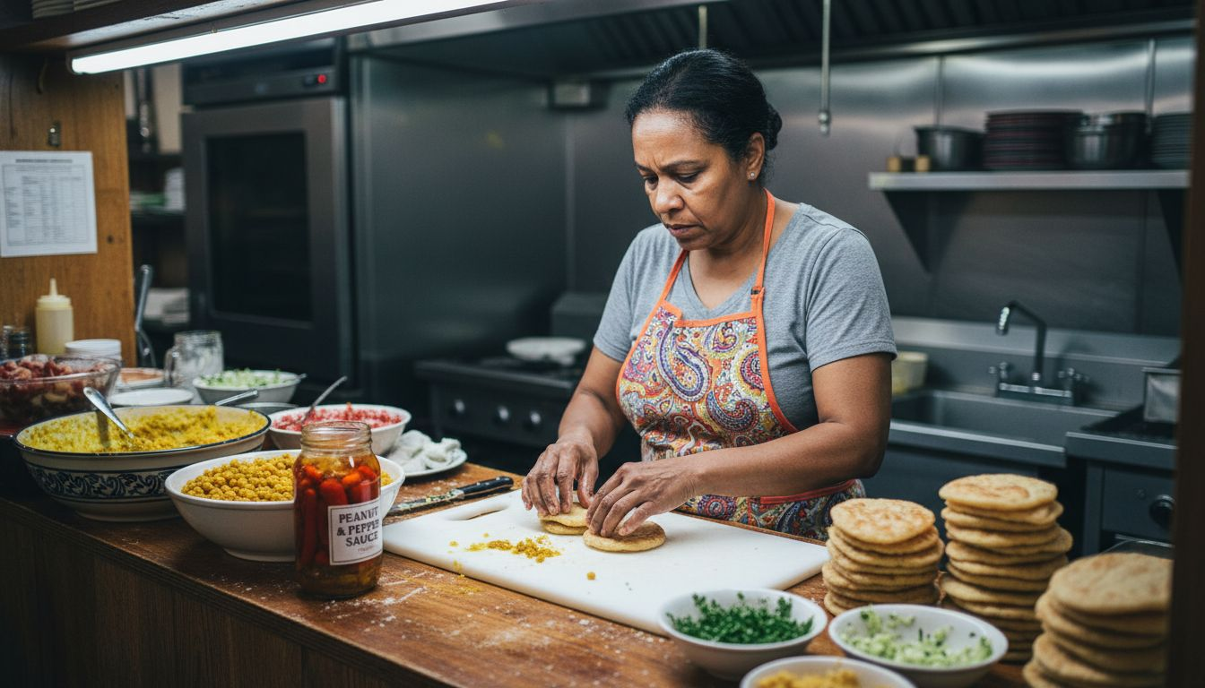 Cook prepares Trinidadian doubles in Atlanta kitchen