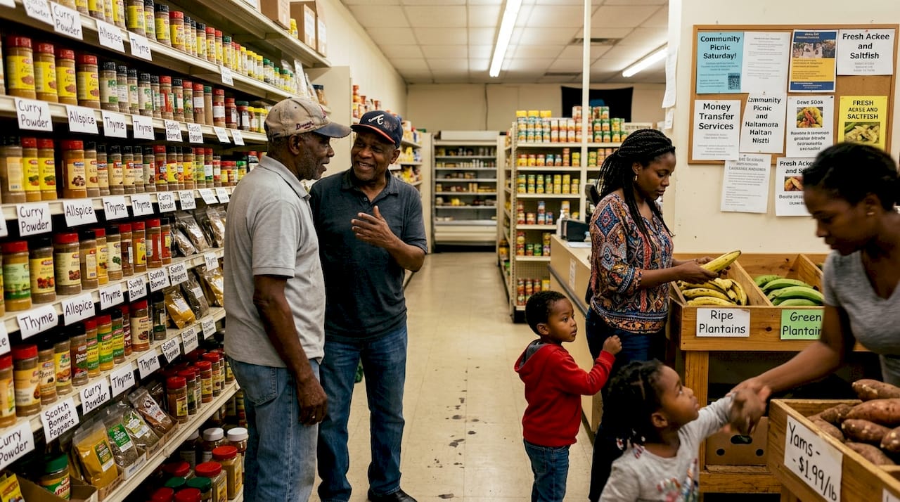 Community members talking in Caribbean grocery store