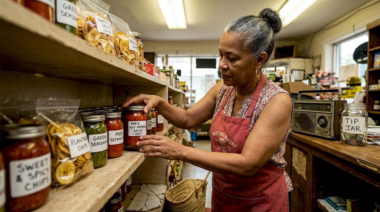 Shopkeeper arranging Caribbean groceries in Atlanta store