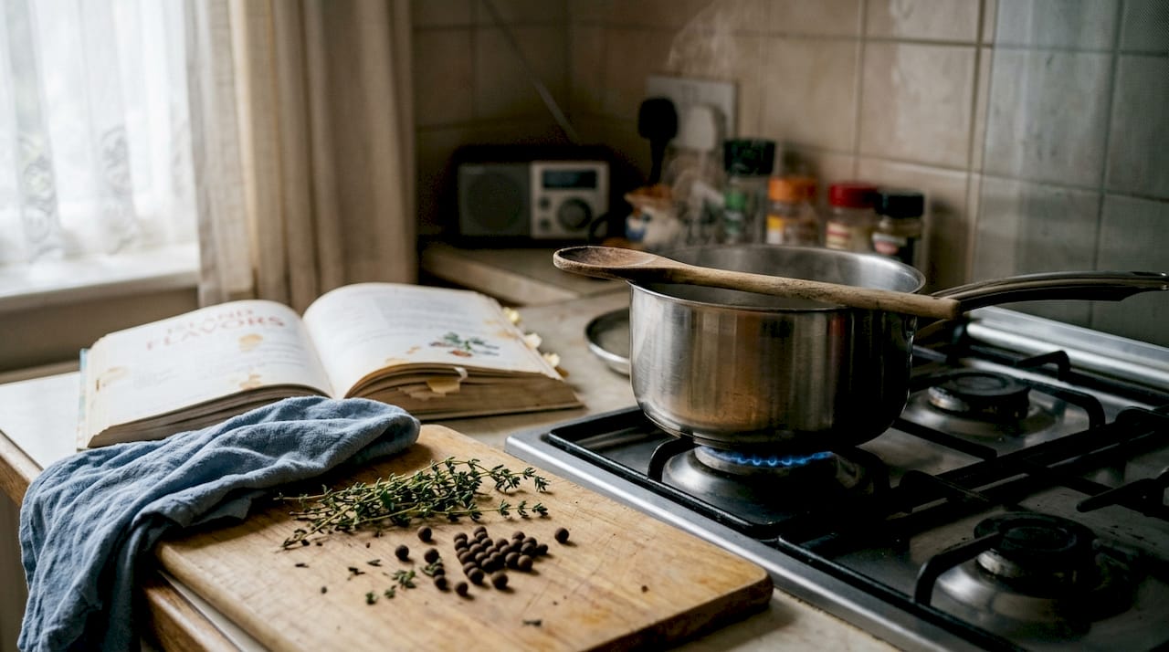 Thyme and allspice on stovetop for Caribbean dish