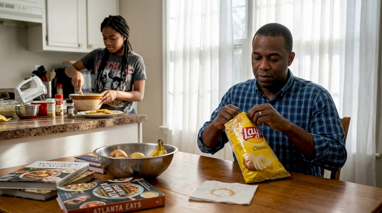 Family preparing traditional snacks in Atlanta kitchen