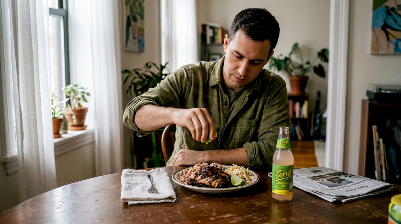Jerk chicken served with Ting soda pairing
