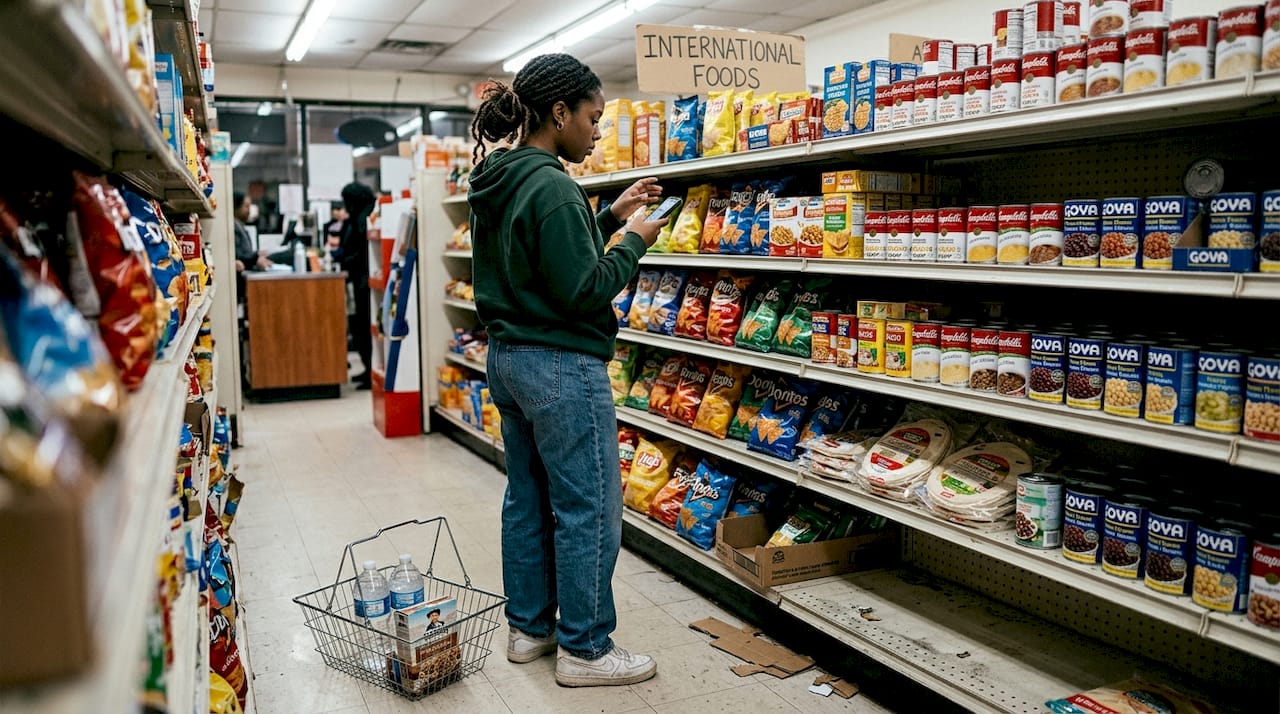 Shopper looking for Caribbean products, empty shelf