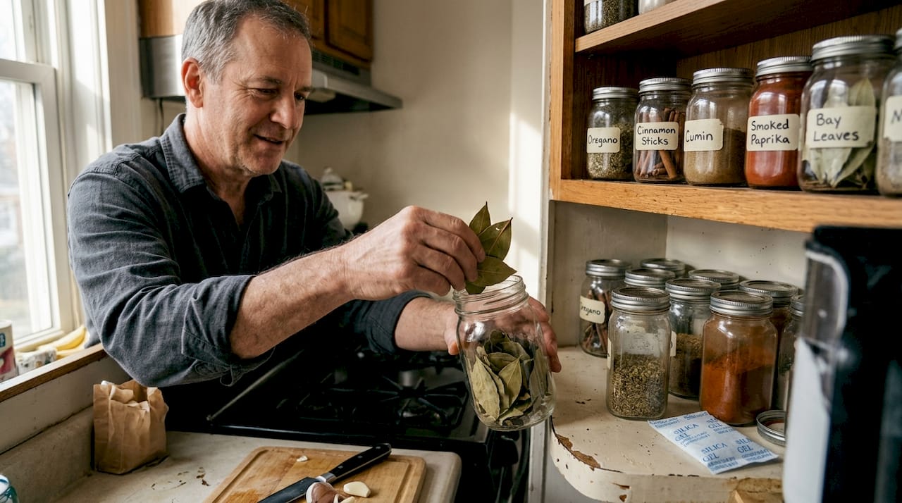 Person storing dried spices in glass jars