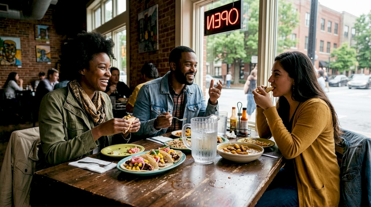 Friends dining at Atlanta Caribbean restaurant