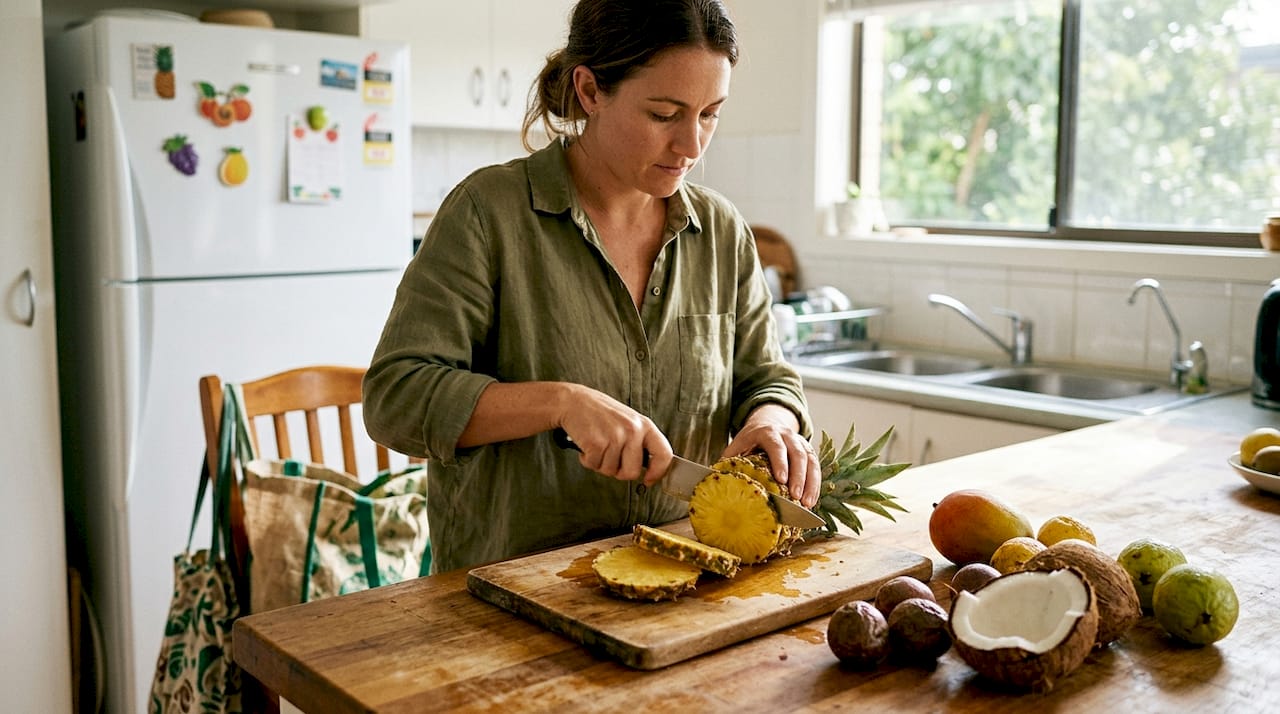 Slicing fresh pineapple and tropical fruits at home