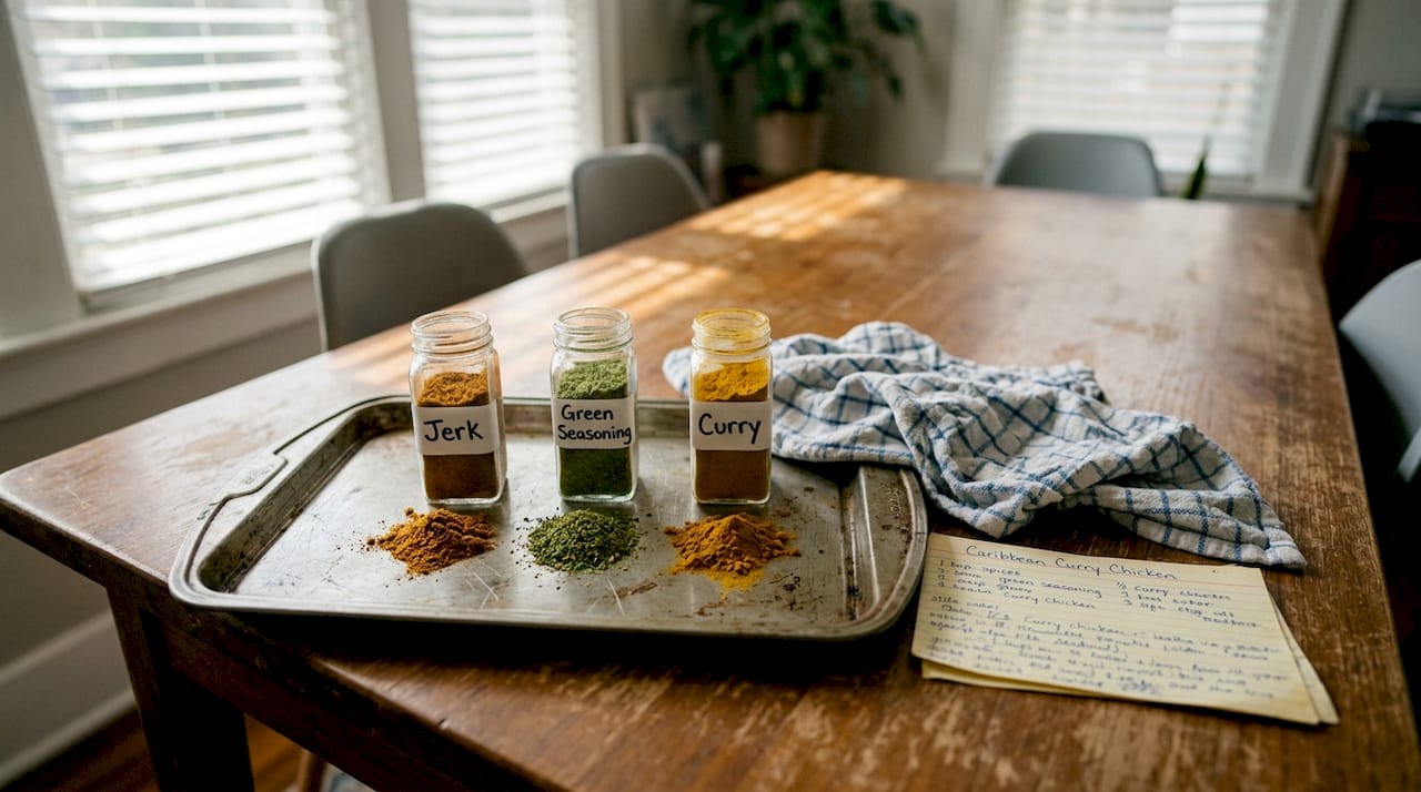 Three types of Caribbean spice blends on table