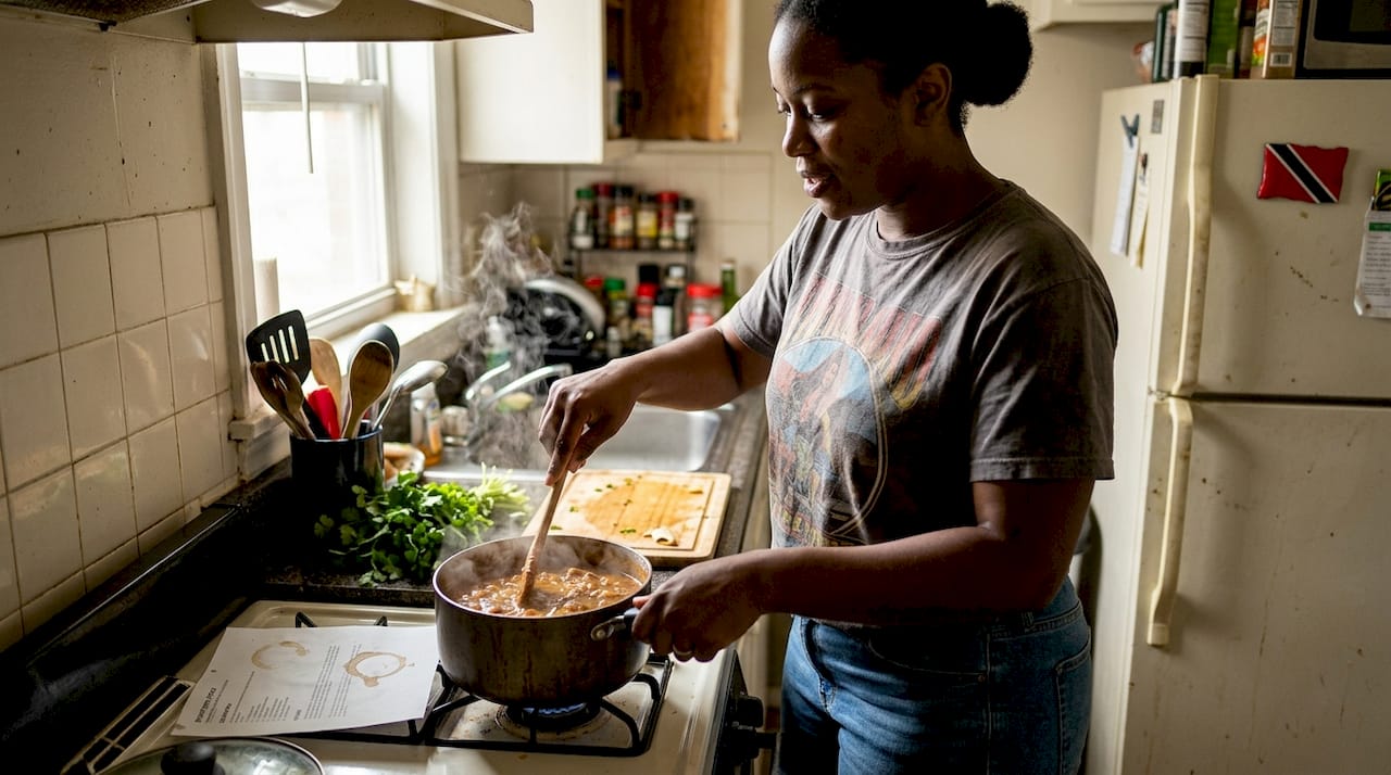 Woman cooking Caribbean stew in Atlanta kitchen