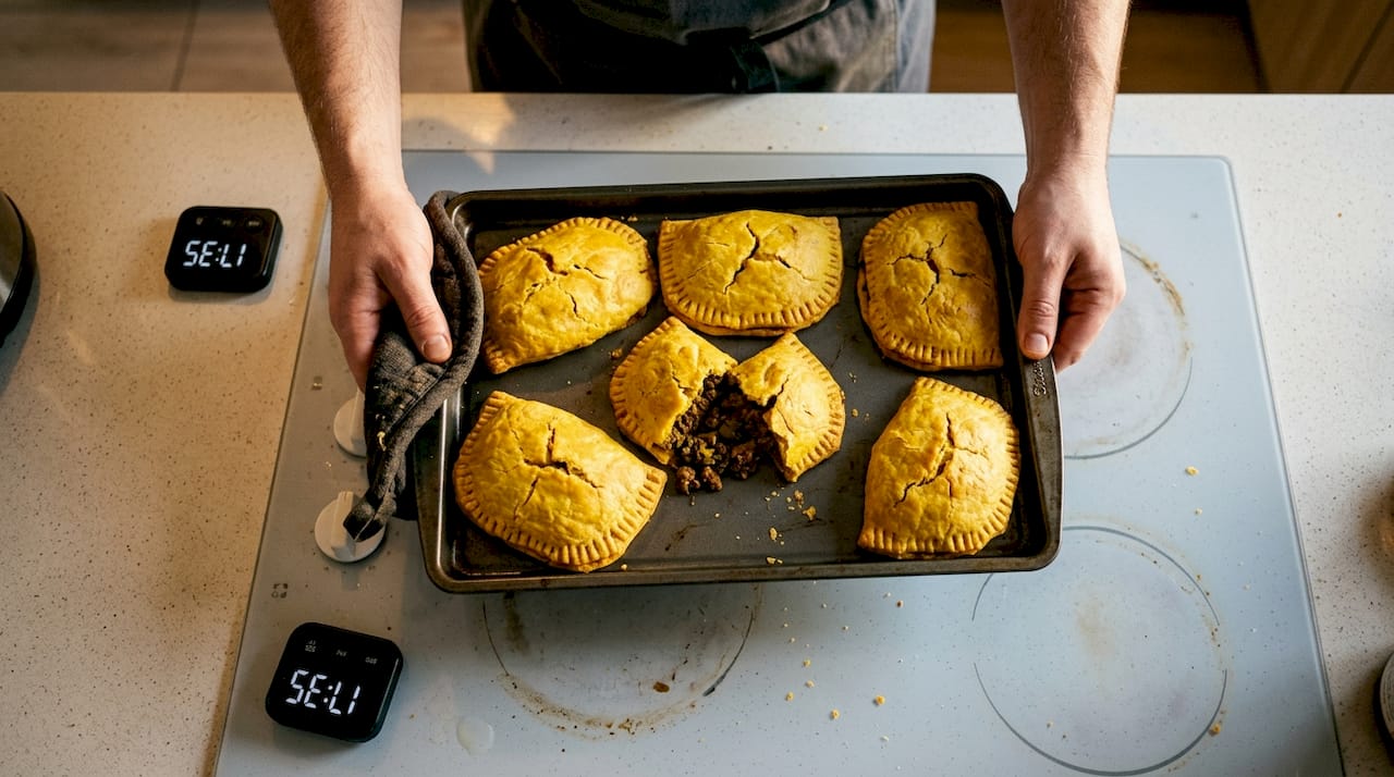Freshly baked Caribbean patties on tray