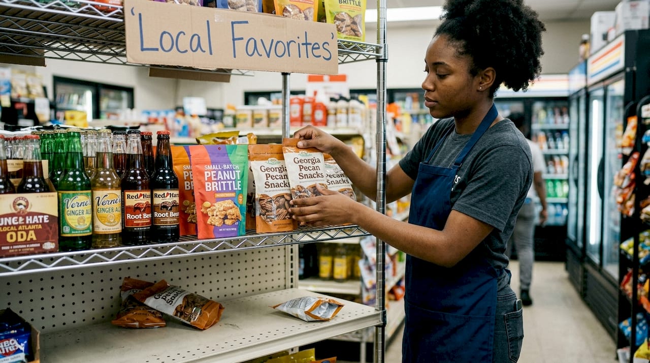 Clerk restocking local Atlanta snack display