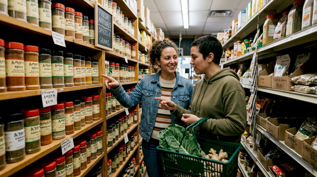 Shoppers choosing spices in neighborhood market