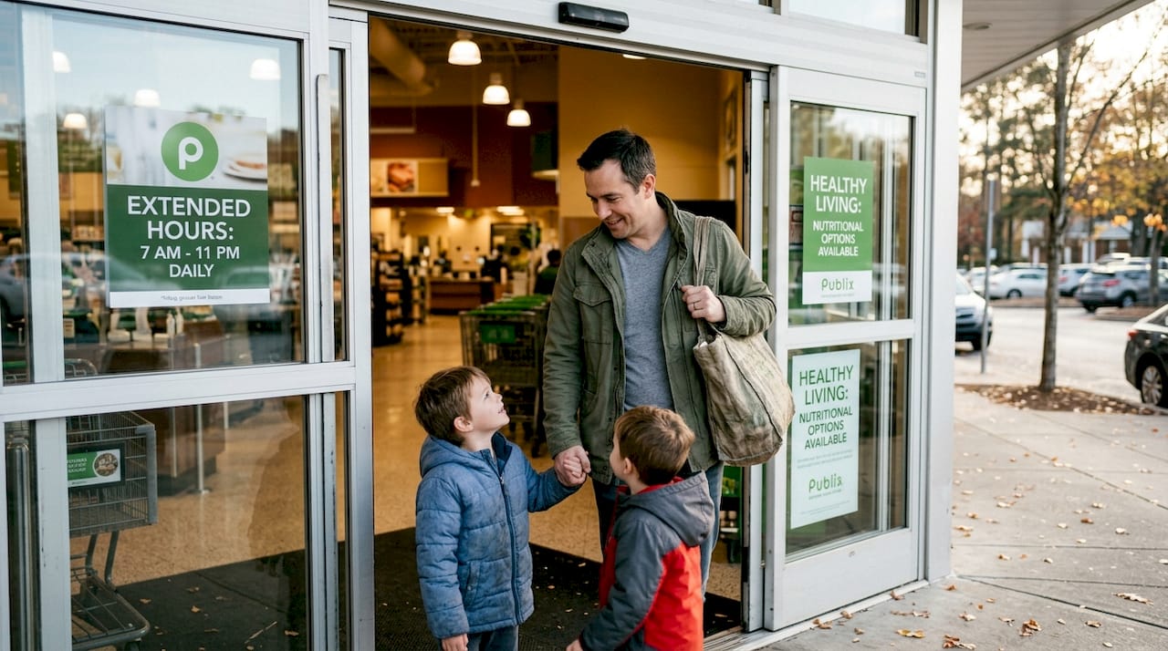 Family walks into grocery store entrance