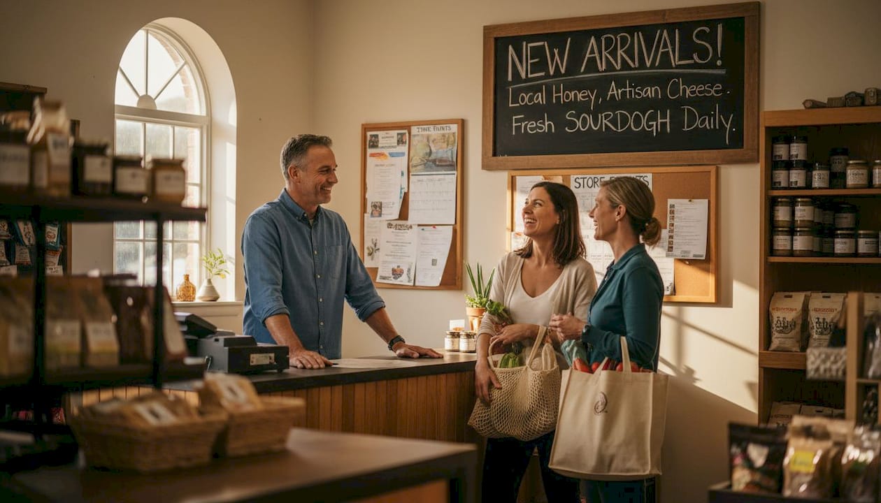 Store owner interacting with community regulars
