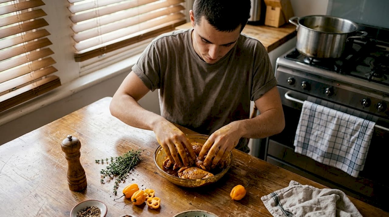 Man marinating chicken with Caribbean spices