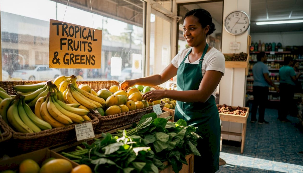 Clerk arranging Caribbean produce at grocery