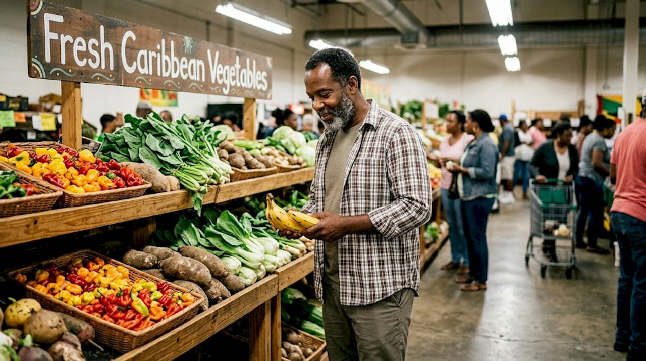 Shopper choosing produce at Atlanta Caribbean market