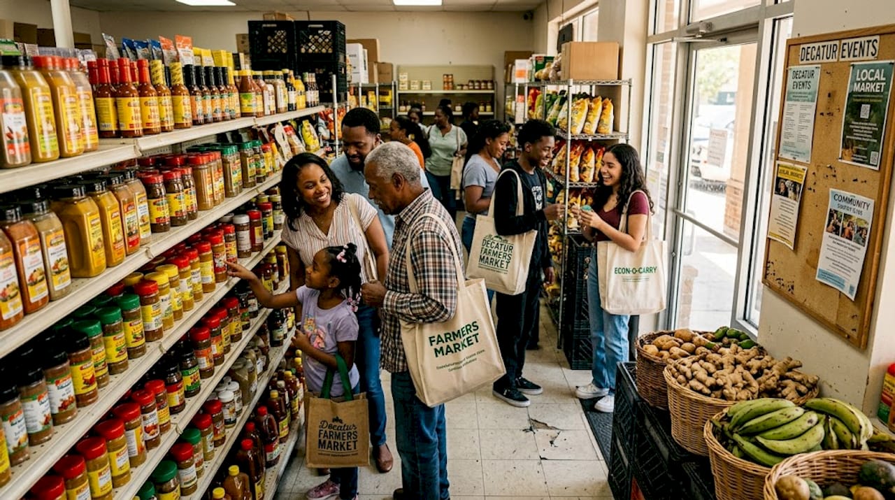 Community members chatting in Atlanta grocery store aisle