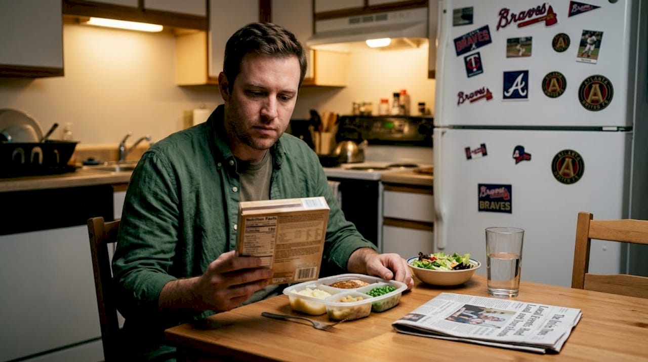 Person eating portioned frozen meal at table