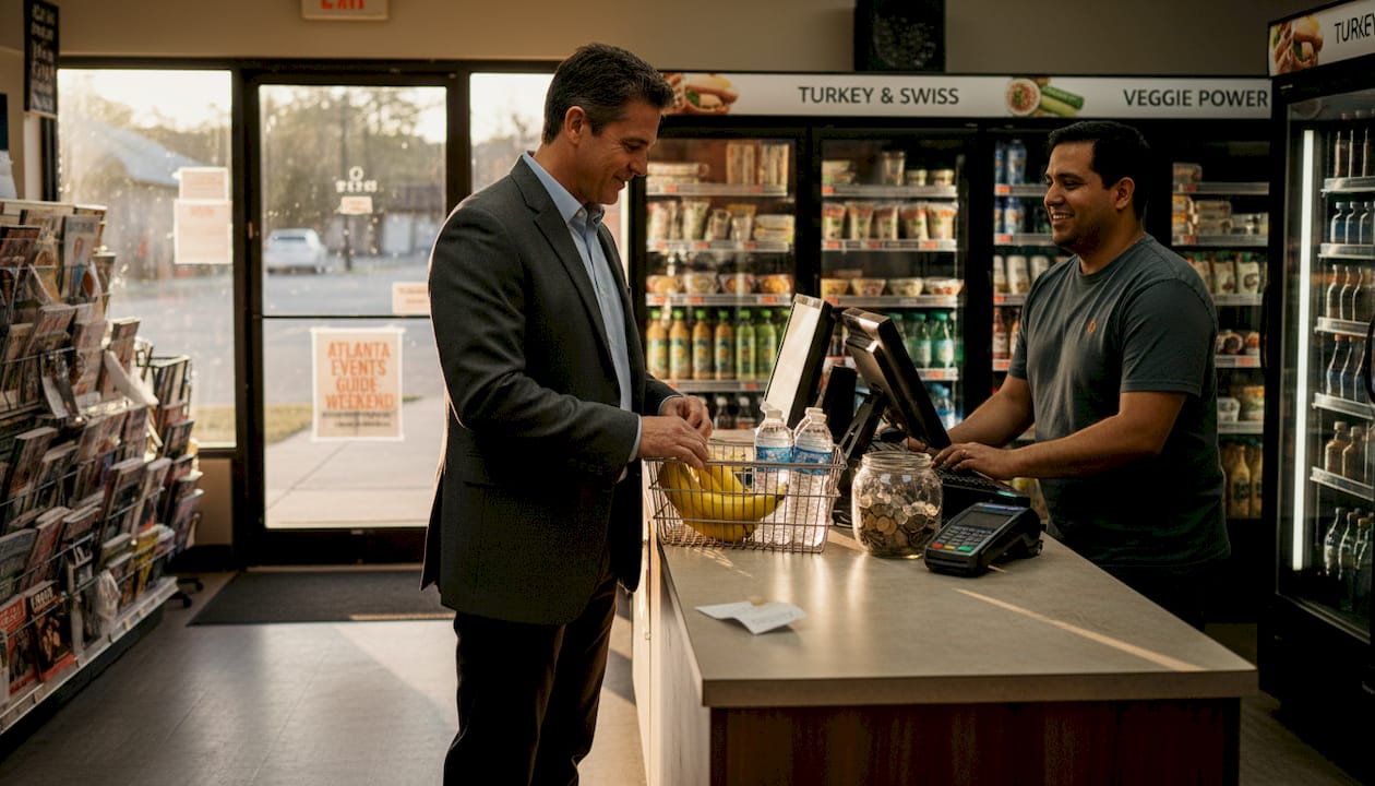 Shopper buying healthy items in Atlanta convenience store