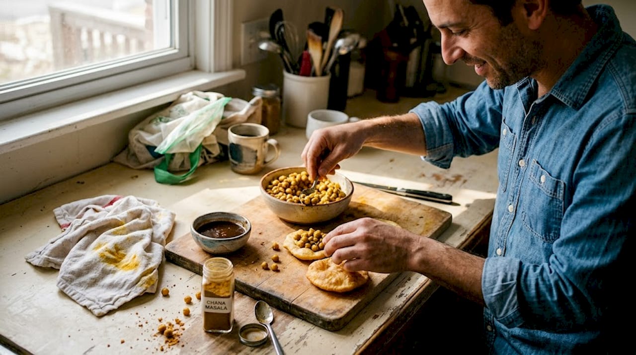 Hands assembling curried doubles on kitchen counter