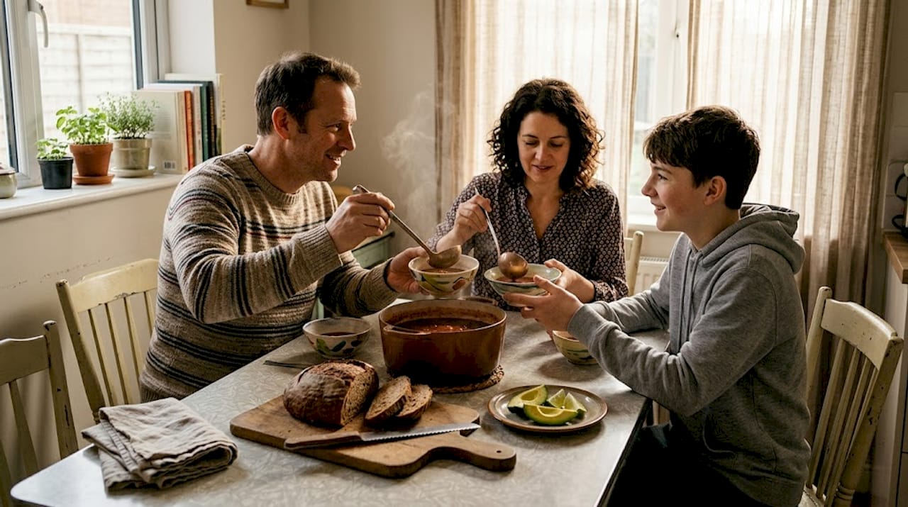 Family serving and eating Caribbean soup together