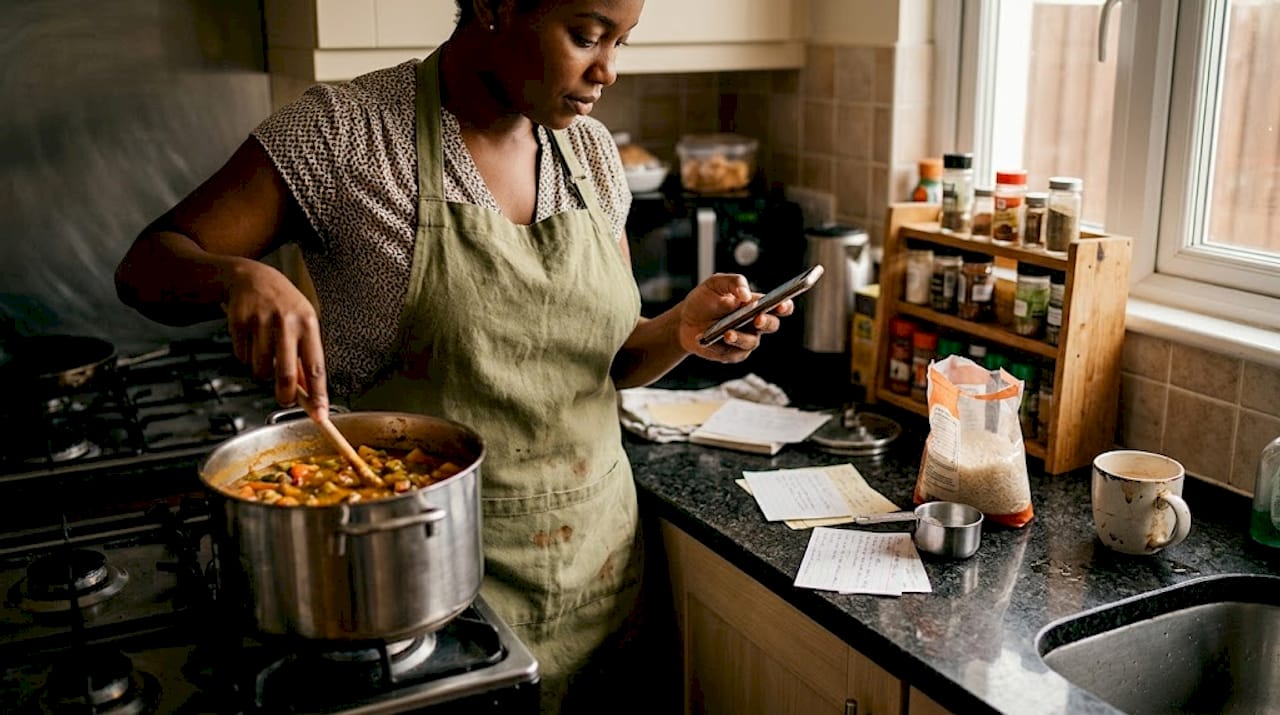Woman cooking Caribbean stew in home kitchen