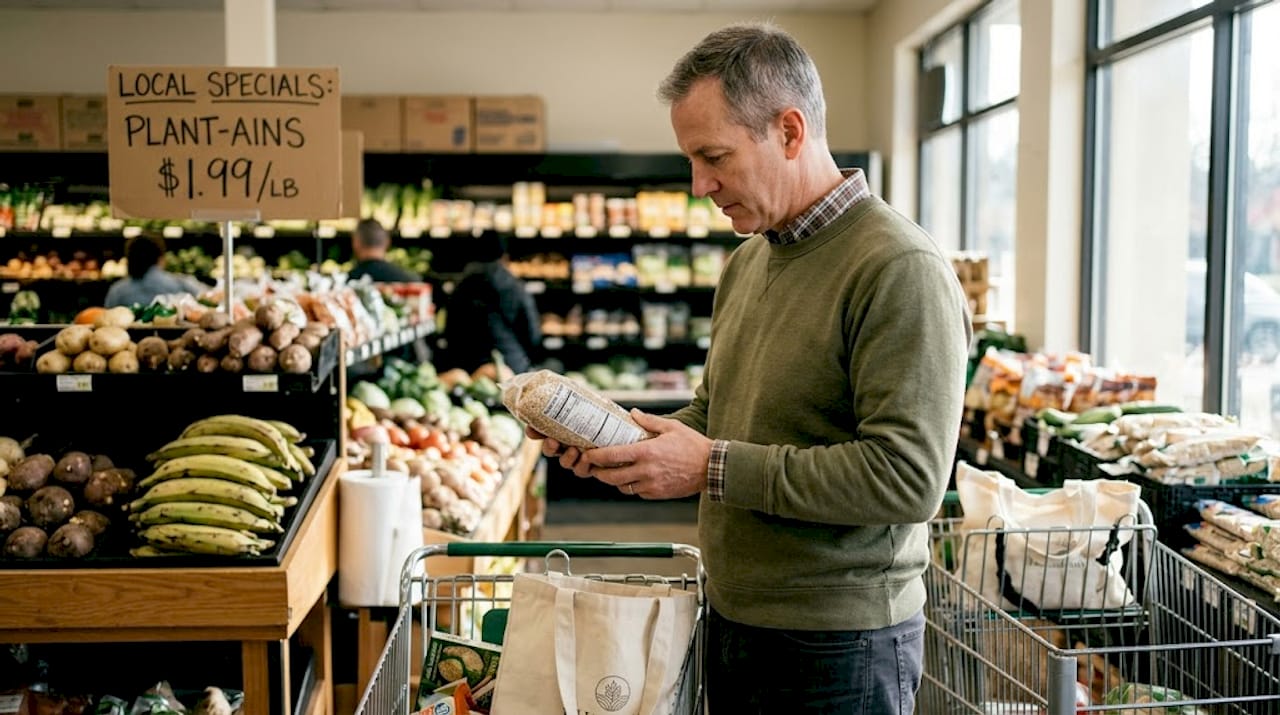 Man reading label at grocery produce section