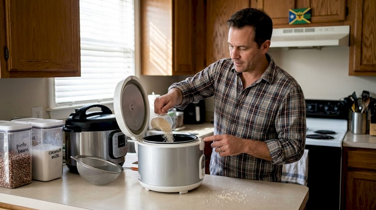 Man setting up rice cooker among Caribbean kitchen tools