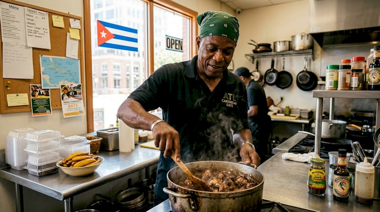 Cook stirring jerk chicken in Atlanta