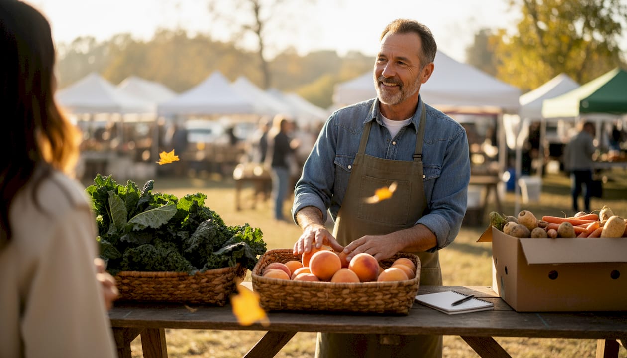 Farmer arranging fresh produce at market stand