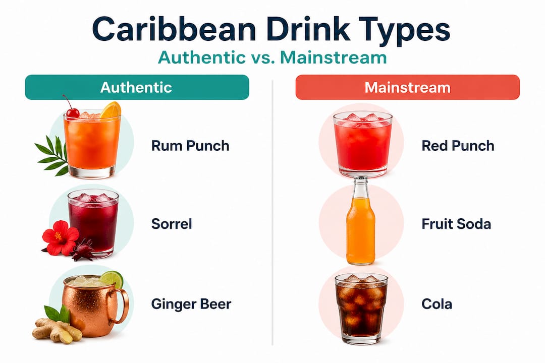 Infographic comparing authentic and mainstream Caribbean drinks