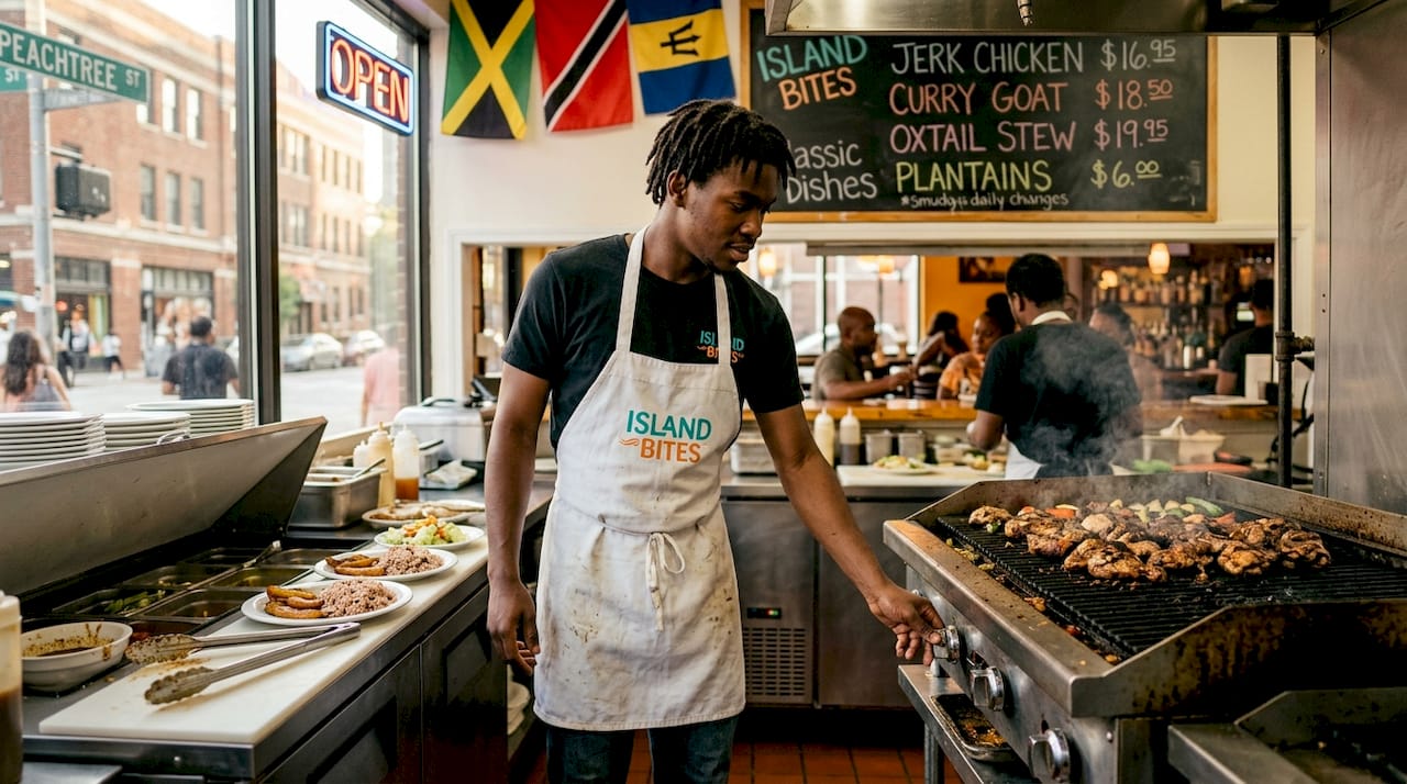 Cook preparing Caribbean food in Atlanta restaurant